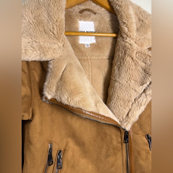 Steve Madden Women’s Faux Shearling Fur Bomber Jacket In Cognac Size Small - Picture 3 of 12